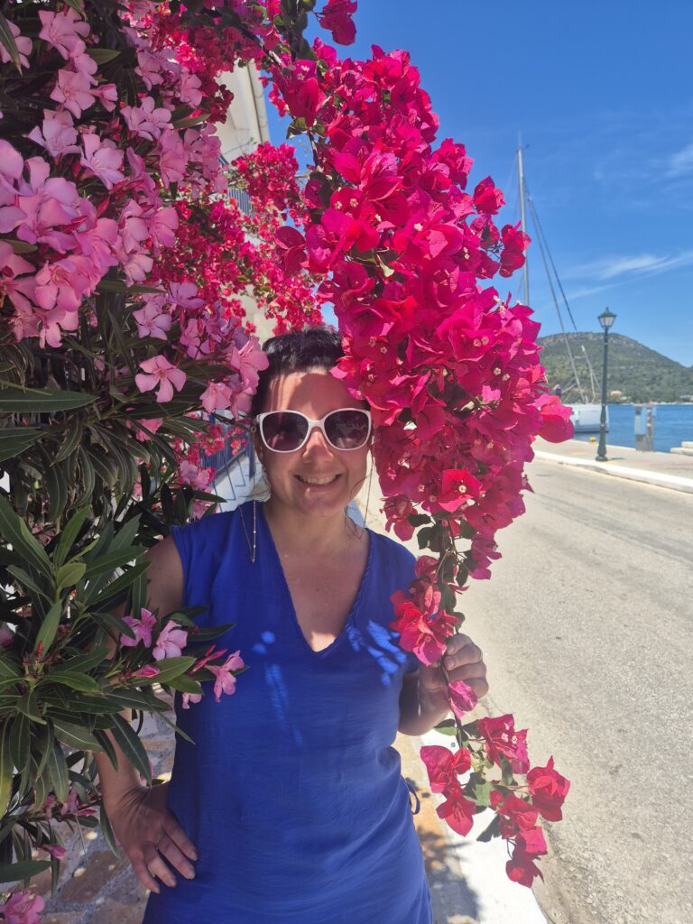 Lady under bouganvillea