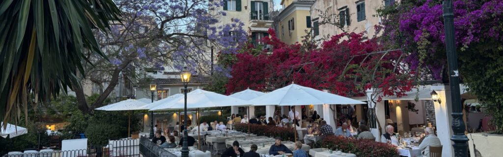 cafe on corfu with blossom trees and umbrellas