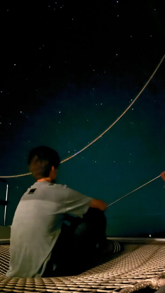 man sitting in foreground, looking at the stary night sky in background